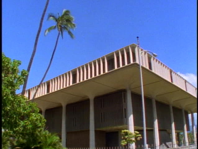HAWAII, 1999, The Hawaii State Capital Building, wide shot pan right in Honolulu