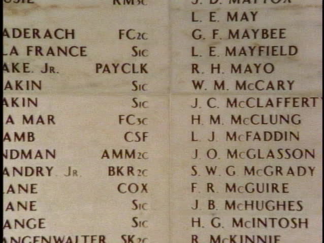 HAWAII, 1999, The USS Arizona Memorial at Pearl Harbor with names on the wall, zoom out