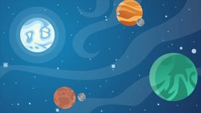 stars in space with animated cartoon objects on blue background