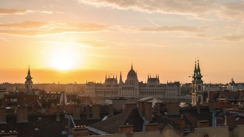 Night to day timelapse of Hungarian Parliament Building with Budapest city skyline in Hungary, time lapse 4K