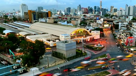 BANGKOK, THAILAND -MAY 24,2018:Time lapse traffic Hua Lamphong railway station at twilight time in Bangkok