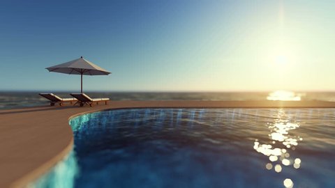 3d rendering footage of white umbrella and 2 wooden daybed on the infinity swimming pool timber terrace which have sea as background. Cinemagraph style