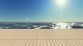 3d rendering footage of white umbrella and 2 wooden daybed on the infinity swimming pool timber terrace which have sea sunset sky as background. Cinemagraph style