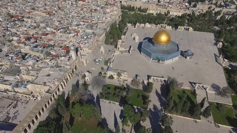 Drone Shot above Al-Aqsa Mosque On Temple Mount Israel. Fly around slow Dome or rock Jerusalem. Holy place for Jewish and Muslims.