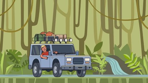 Animated car with luggage on the roof and smiling guy behind the wheel riding through the rainforest. Moving vehicle on jungle forest background. Flat animation