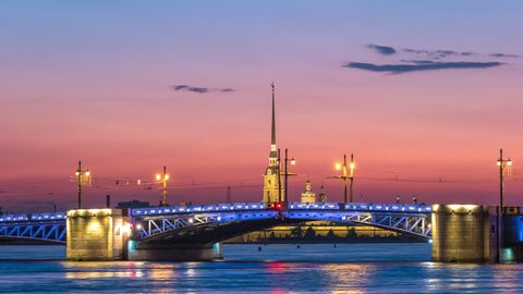 Saint Petersburg city skyline night timelapse at Palace Bridge, Saint Petersburg Russia 4K time lapse