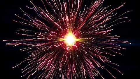 Particle collision and explosion. Bright pink particles with streams collide and create explosion shockwave with trails. Spherical multicolored explosion with flares isolated on black background. 4K