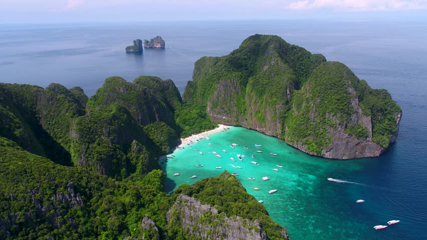 Aerial view of iconic tropical Maya Bay,Phi Phi islands, Thailand Royalty-Free Stock Footage #1011501503
