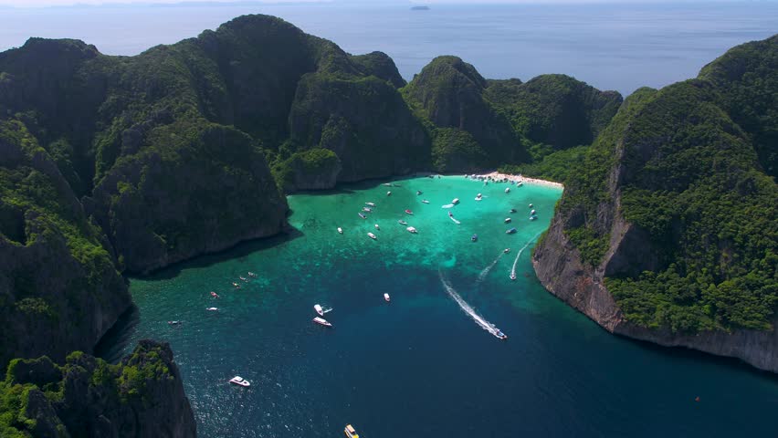 Aerial view of iconic tropical Maya Bay,Phi Phi islands, Thailand Royalty-Free Stock Footage #1011501521