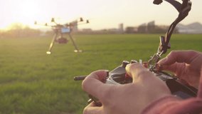 SLOW MOTION: Multicopter operator flying multicopter outdoors