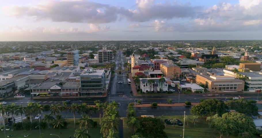 Bundaberg, Queensland / Australia - March 2018 - Aerial Flight over the Bundaberg CBD at Sunrise