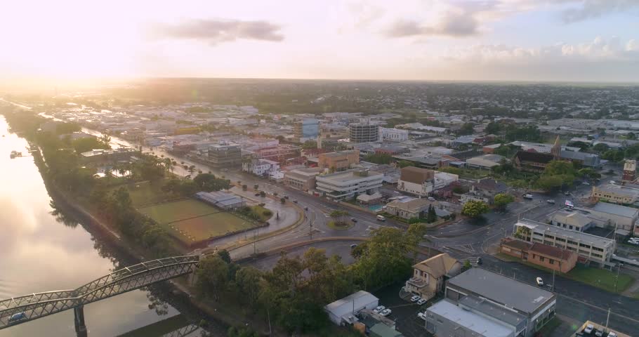 Bundaberg, Queensland / Australia - March 2018 - Aerial Flight over the Bundaberg CBD at Sunrise
