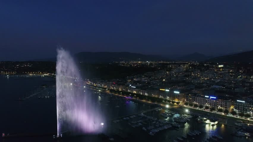 Aerial view of night of Geneva Water Fountain (Jet d