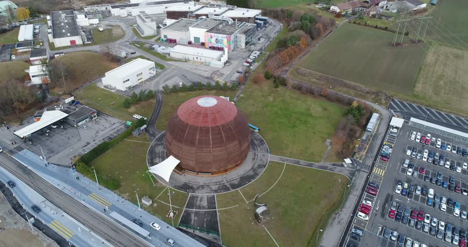 Aerial view of Cern, Geneva, Switzerland. home of Large Hadron Collider (LHC) for test theories in particle physics, like properties of Higgs boson Royalty-Free Stock Footage #1011512264