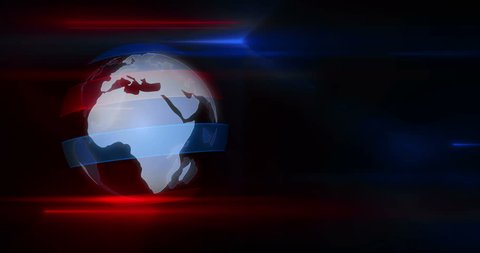 Textless broadcasting news intro graphics animation. Lead-in with rotating globe and title on abstract dynamic red and blue lights in background.