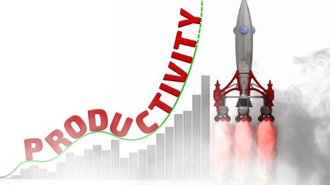 The graph of productivity growth. Graph of rapid growth with red word PRODUCTIVITY and rocket launch.
