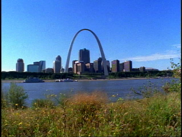 ST. LOUIS, 1999, St. Louis Arch, with skyline, Mississippi River, grass flowers foreground