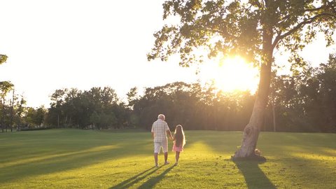 Grandpa with child walking on green grass. Elderly man holding hands granddaughter in park. Enjoying summer nature.