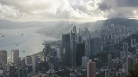 Hongkong Habor With Ray Of Light Through Clouds  Timelapse 4K