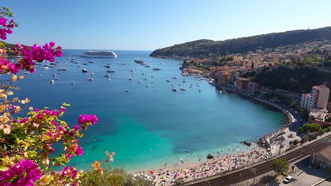 1080P Video clip of boats and cruise ship in the Bay of Villefranche Sur Mer in the Alpes Maritimes department in the Provence Alpes Cote d'Azur region on the French Riviera