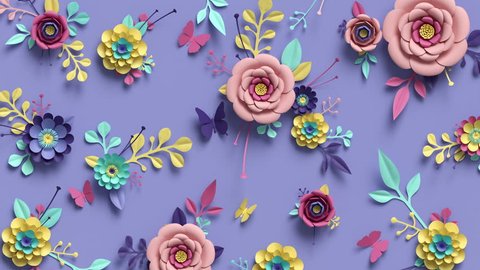 3d rendering, animation of floral background, blooming paper flowers, botanical pattern growing, paper craft, candy pastel colors, bright hue palette