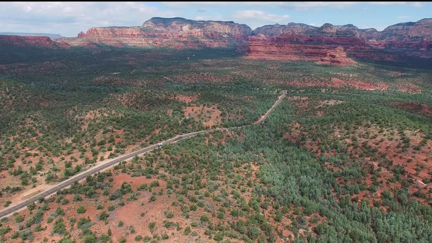 Panoramic view of Sedona area -valley  surrounded by red rocks formations, Arizona, USA