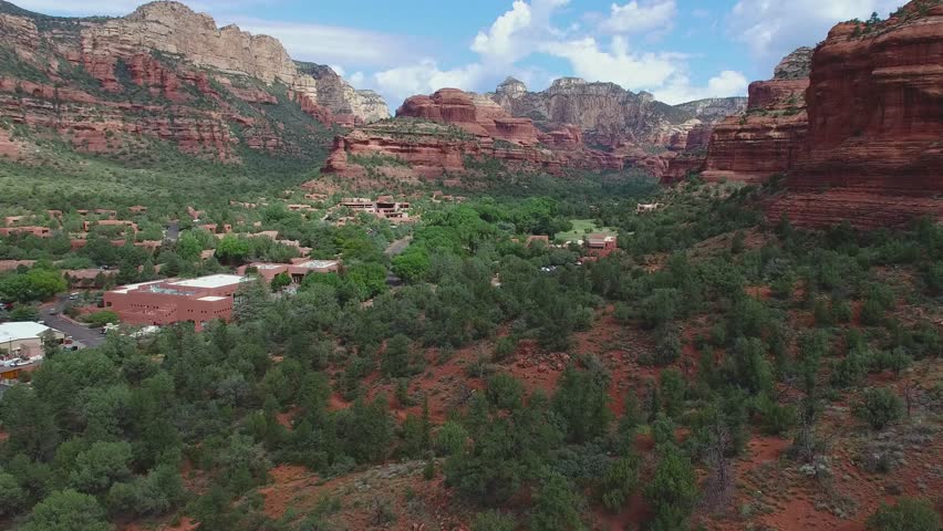 Panoramic view of Sedona area - resort area surrounded by red rocks formations, Arizona, USA