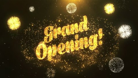 Grand Opening Greeting Card text Reveal from Golden Firework & Crackers on Glitter Shiny Magic Particles & Sparks Night star sky for Celebration, Wishes, Events, Message, holiday, festival
