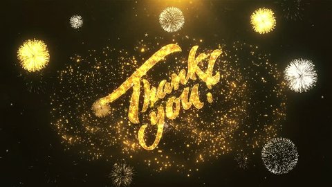 Thank You Greeting Card text Reveal from Golden Firework & Crackers on Glitter Shiny Magic Particles & Sparks Night star sky for Celebration, Wishes, Events, Message, holiday, festival

