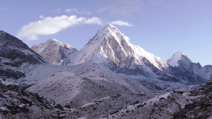 Activity, recreation: a group of tourists has a trekking towards the base camp of Everest peak (8848 m). Time lapse. Pumo Ri peak (7161 m) is in the center of the frame. Royalty-Free Stock Footage #1011565220