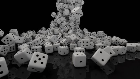 Animation of many Falling Dice on Black reflective Background, 3D Rendering with a little Depth of Field