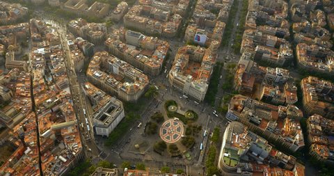 Aerial view of Placa de Catalunya in Barcelona with typical urban grid, Spain.
Late afternoon light