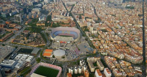 BARCELONA, SPAIN - APRIL, 2018 : Aerial view of Camp Nou FC Barcelona football Stadium in Barcelona. It is the most famous stadium in Catalonia.