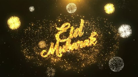 Eid Mubarak Greeting Card text Reveal from Golden Firework & Crackers on Glitter Shiny Magic Particles & Sparks Night star sky for Celebration, Wishes, Events, Message, holiday, festival
