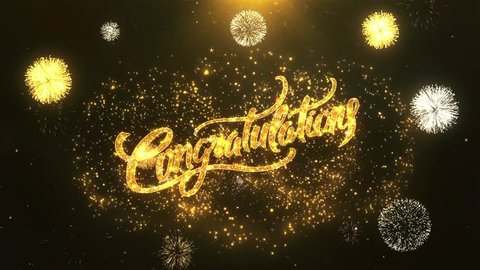 Congratulations Greeting Card text Reveal from Golden Firework & Crackers on Glitter Shiny Magic Particles & Sparks Night star sky for Celebration, Wishes, Events, Message, holiday, festival
