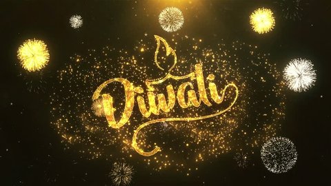  Happy Diwali Greeting Card text Reveal from Golden Firework & Crackers on Glitter Shiny Magic Particles & Sparks Night star sky for Celebration, Wishes, Events, Message, holiday, festival
