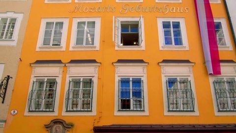 Mozart's birthplace in Getreidegasse street, Salzburg, Austria, Europe, 09. May 2018