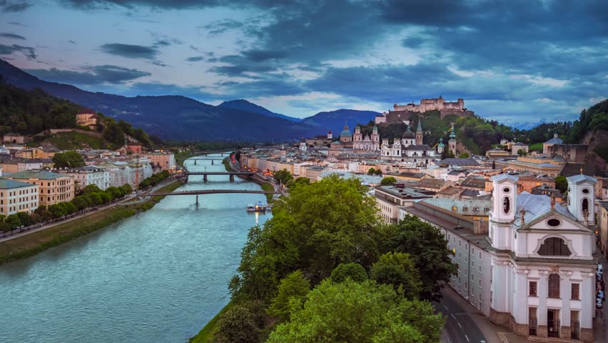 Historic town centre of Salzburg at night, Austria, Europe