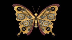 Steampunk butterfly. 3D model animation. Seamlessly loop-able 4K animation. The first 4 seconds are in regular speed and the next 8 seconds are slow motion speed. Best for Steampunk style design & art - Powered by Shutterstock - Get 15% off with code: PIKWIZARD15
