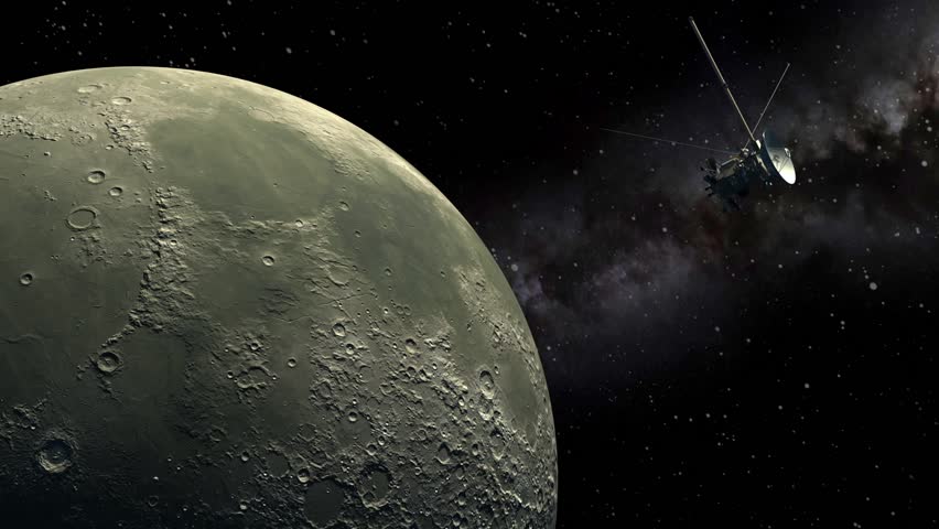 Unmanned spacecraft similar with the Cassini orbiter passing The Moon.