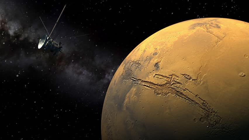 Unmanned spacecraft similar with the Cassini orbiter passing a Mars like planet.