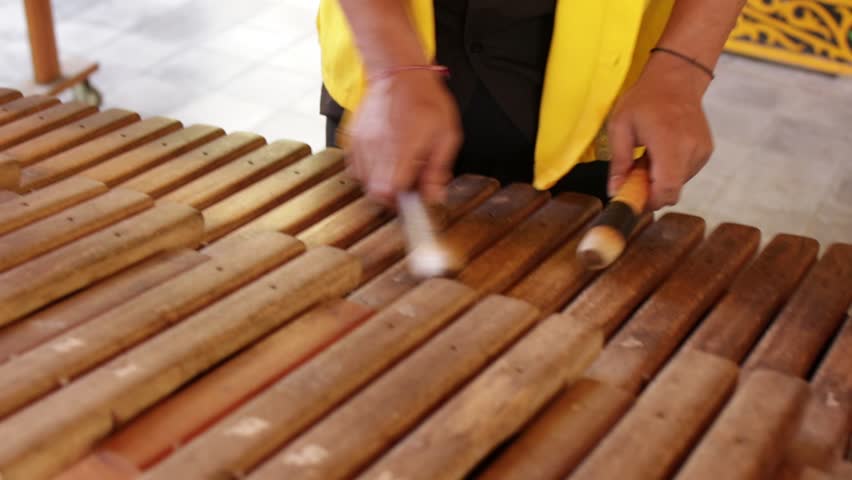 Asian Indonesian Balinese musician gamelan instrument. Closeup hands playing. Not edited, raw file.