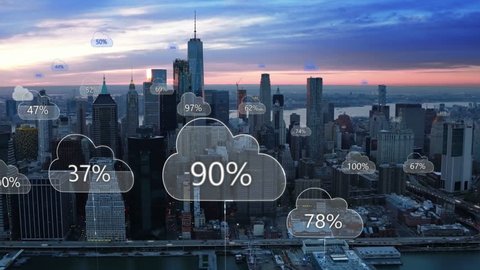 Aerial smart city. Network connections and cloud computing icons with percentages. Technology concept, data communication, artificial intelligence, internet of things. New York City skyline.