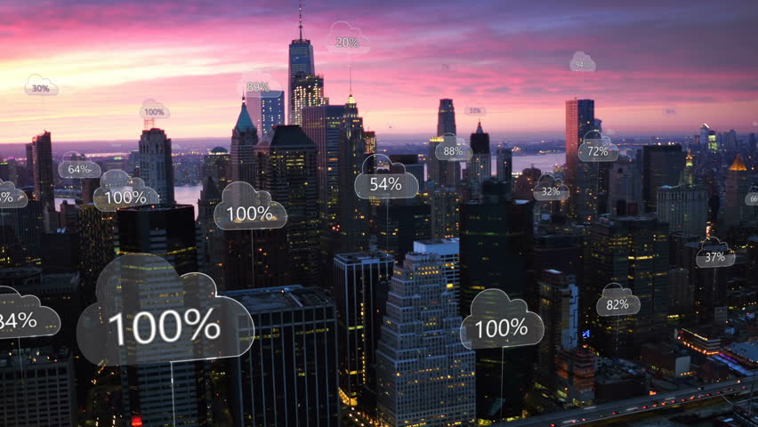 Aerial smart city. Network connections and cloud computing icons with percentages. Technology concept, data communication, artificial intelligence, internet of things. New York City skyline. | Shutterstock HD Video #1011620759