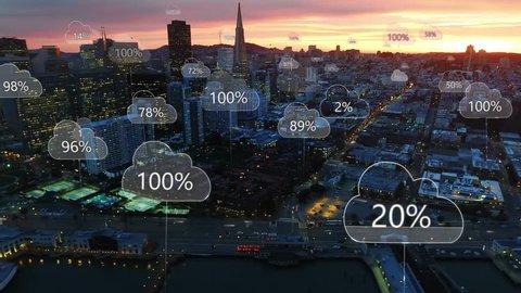 Aerial smart city. Network connections and cloud computing icons with percentages. Technology concept, data communication, artificial intelligence, internet of things. San Francisco skyline.