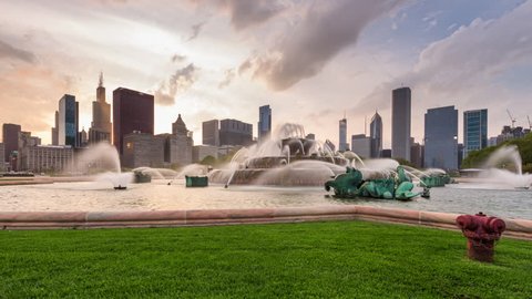 Chicago, Illinois, USA skyline time lapse from Buckingham Fountain.