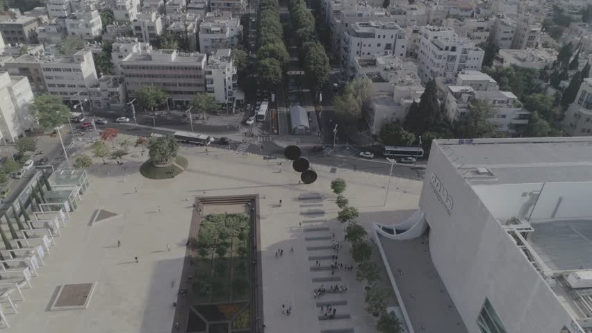 Aerial panoramic view on Rothschild boulevard and Habima square in Tel Aviv 