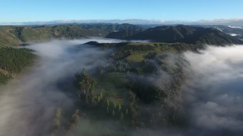 Aerial view of thick morning fog blanketing the Whanganui river, New Zealand