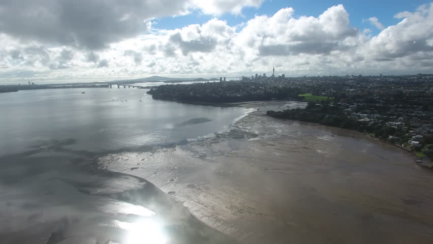 Aerial view looking towards Ponsonby, downtown Auckland and the Harbour bridge, New Zealand