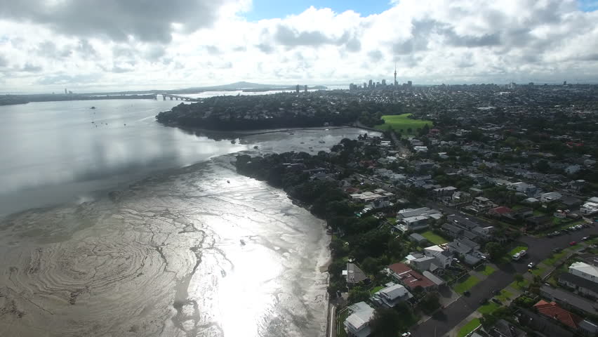 Aerial view looking towards Ponsonby, downtown Auckland and the Harbour bridge, New Zealand
